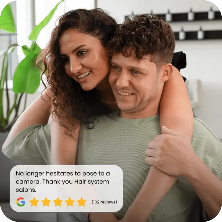 Happy couple embracing, smiling confidently thanks to hair transformation