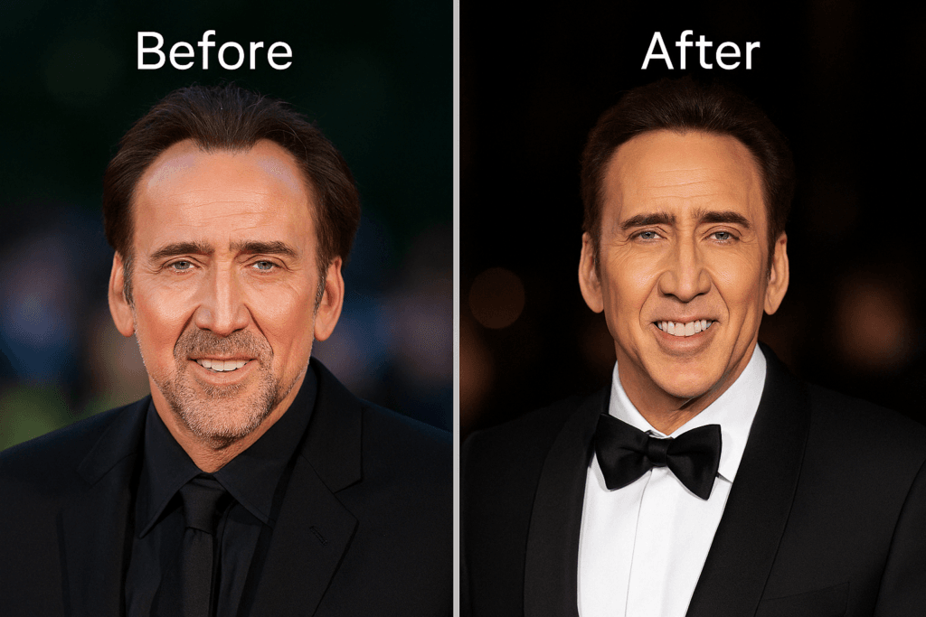 A side-by-side comparison of Nicolas Cage a hollywood celebrity with hair system
