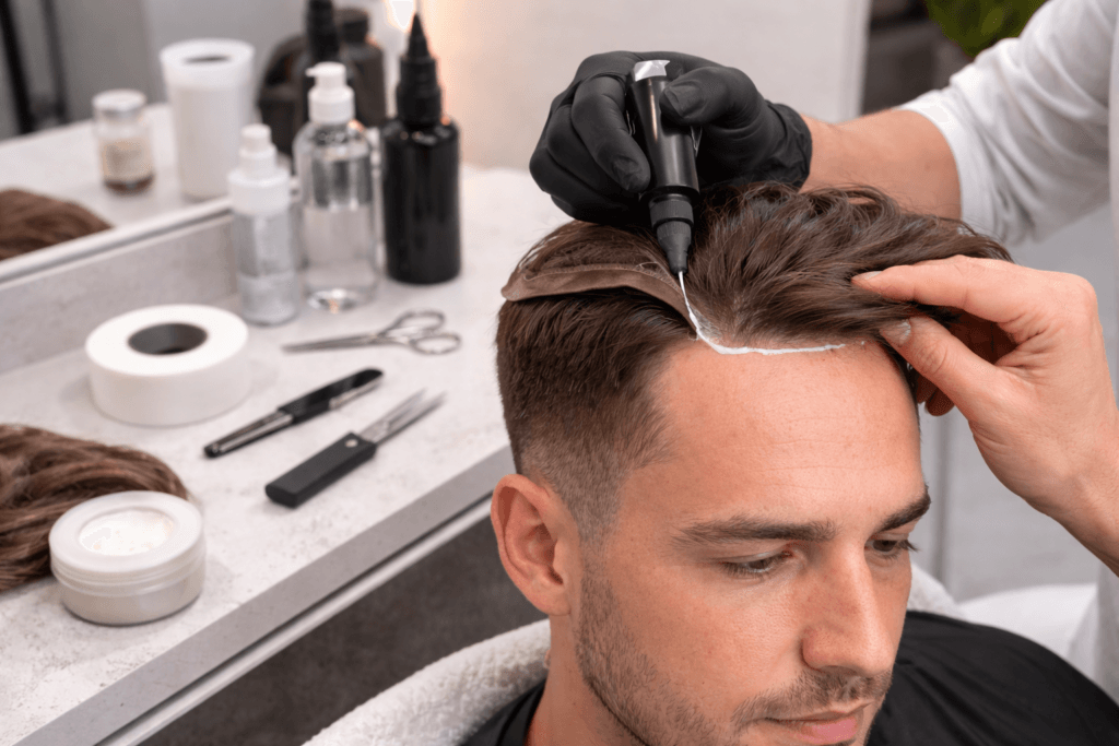 Hair system being attached with glue by an expert.