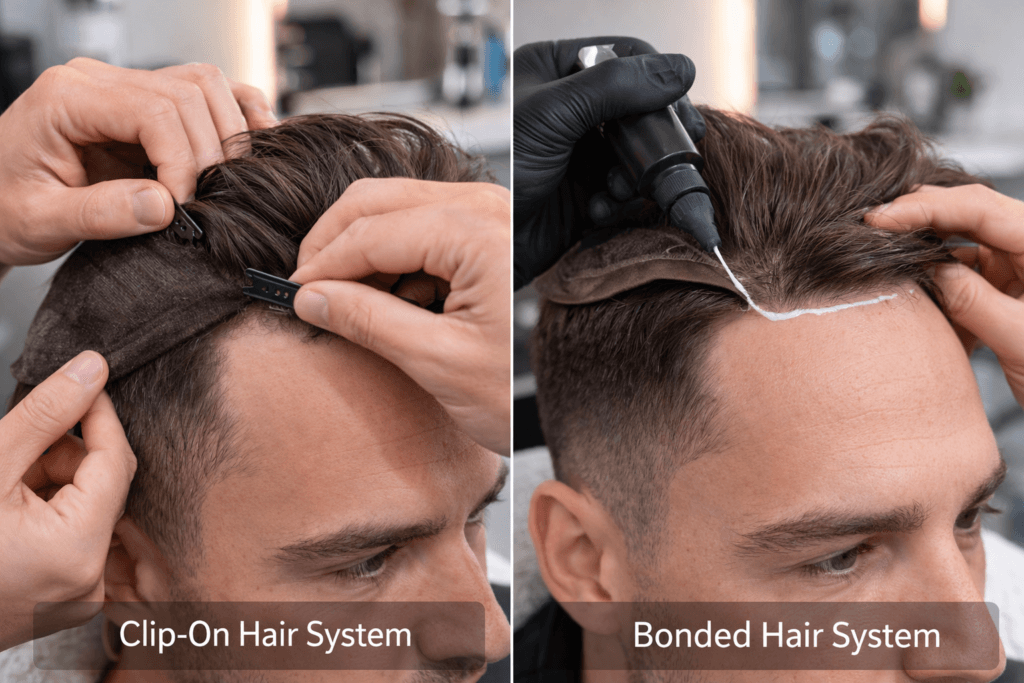 Picture comparing Clip-on Hair systems vs. Glue Hair systems
