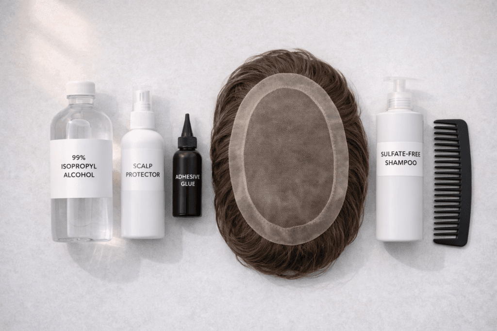 Hair system maintenance essentials laid out, including adhesive, remover and cleaning supplies