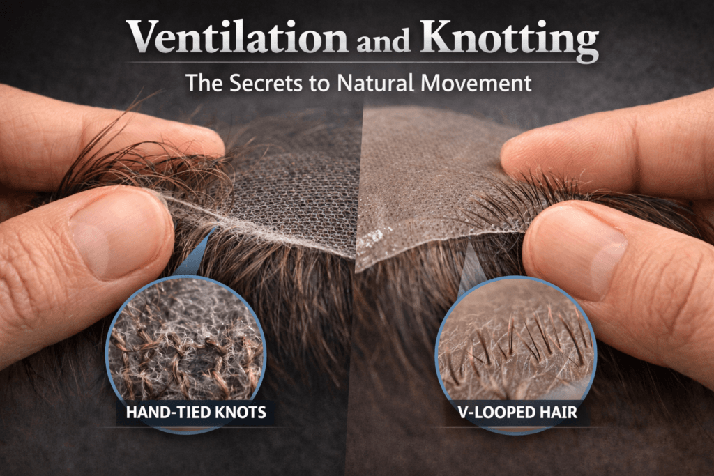 Hair system base showing variations in ventilation and knottin
