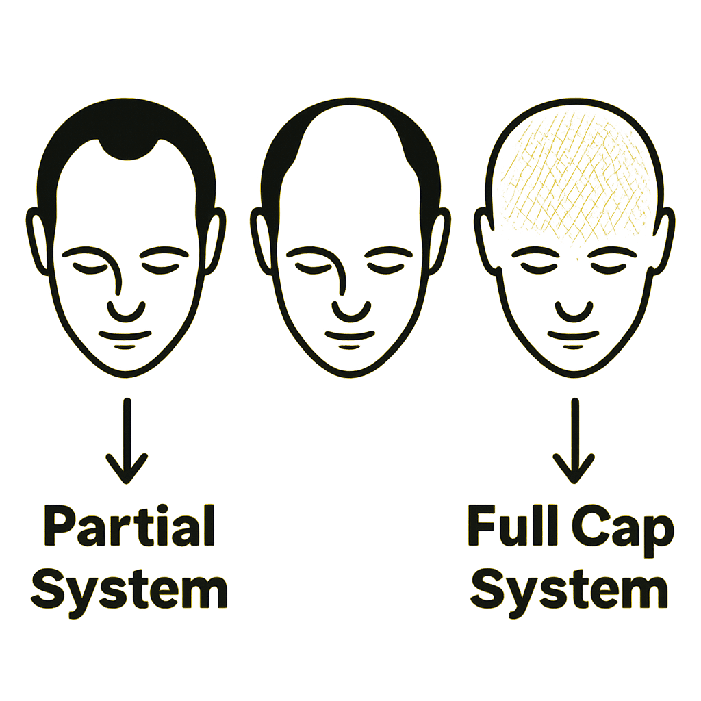 A simple, clean graphic showing three heads side-by-side. The first shows a receding hairline, the second a bald spot on the crown, and the third shows diffuse thinning across the entire top of the scalp.