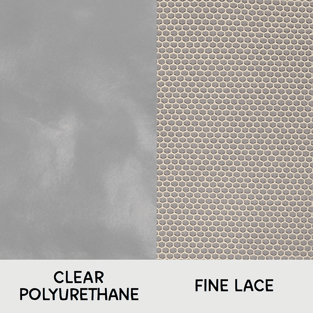 Side-by-side comparison of two hair system base materials, labelled clear polyurethane and fine lace
