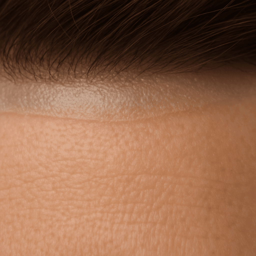 An extreme close-up of a high-quality, ultra-thin polyurethane hairline on a person's forehead, showing poly vs. lace hair system