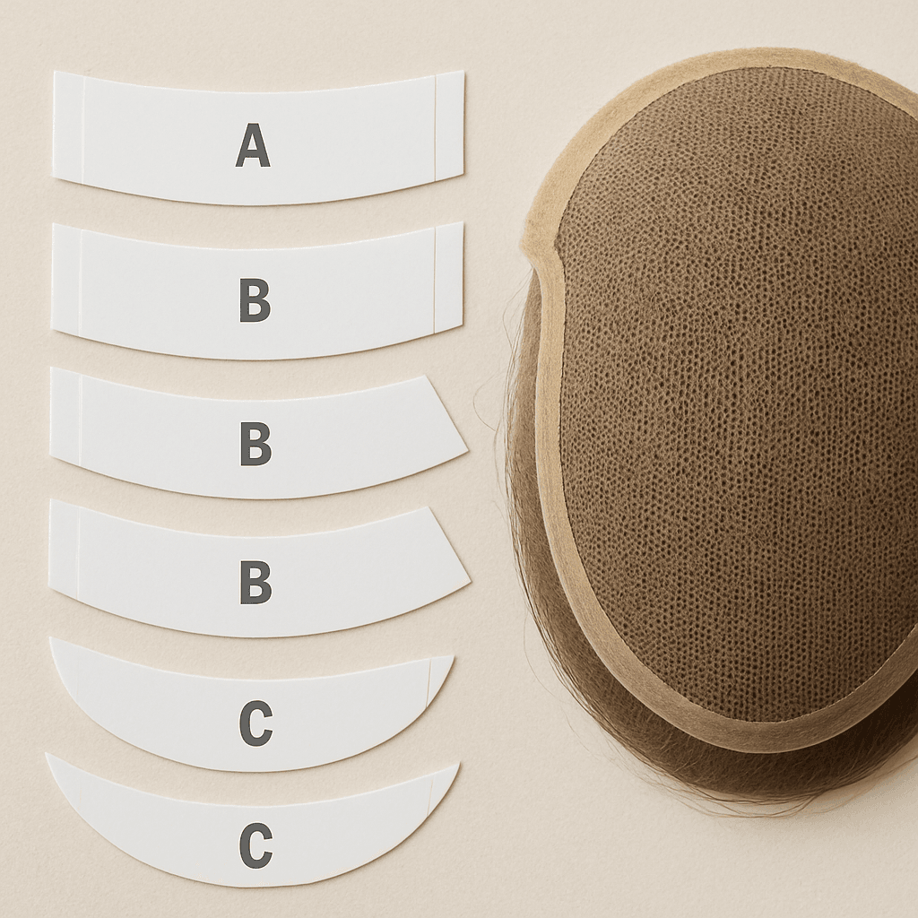 A close-up photo of various precut tape contour strips laid next to a lace hair system base.