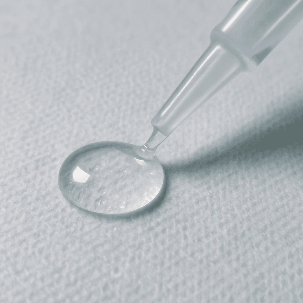 A small drop of clear liquid adhesive being spread on a sterile surface to show its transparent, glue-like consistency