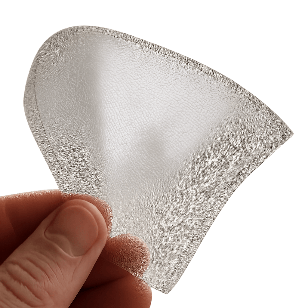 An ultra-thin 'poly' or 'lace' base being held up to light to show transparency.