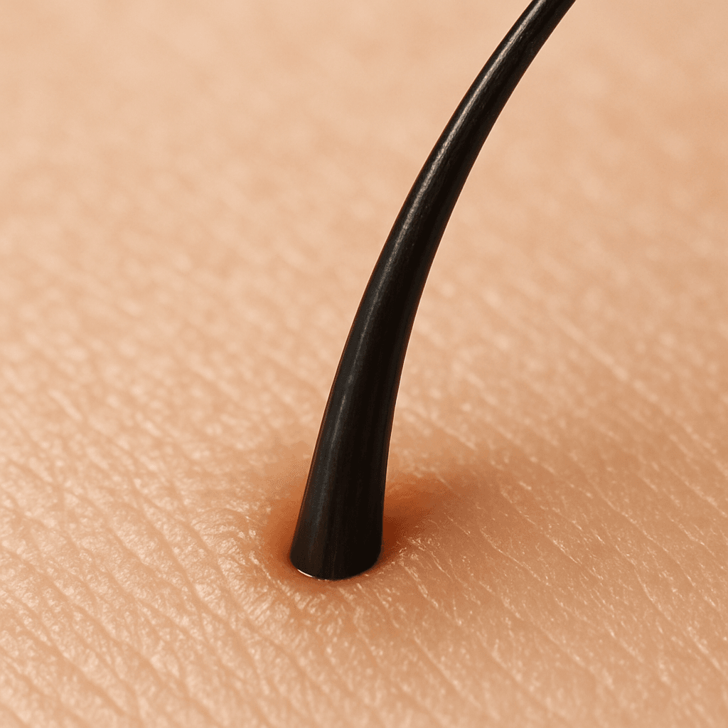 A close-up, high-quality photograph of a single healthy hair follicle on a clean scalp surface to show the point of growth.