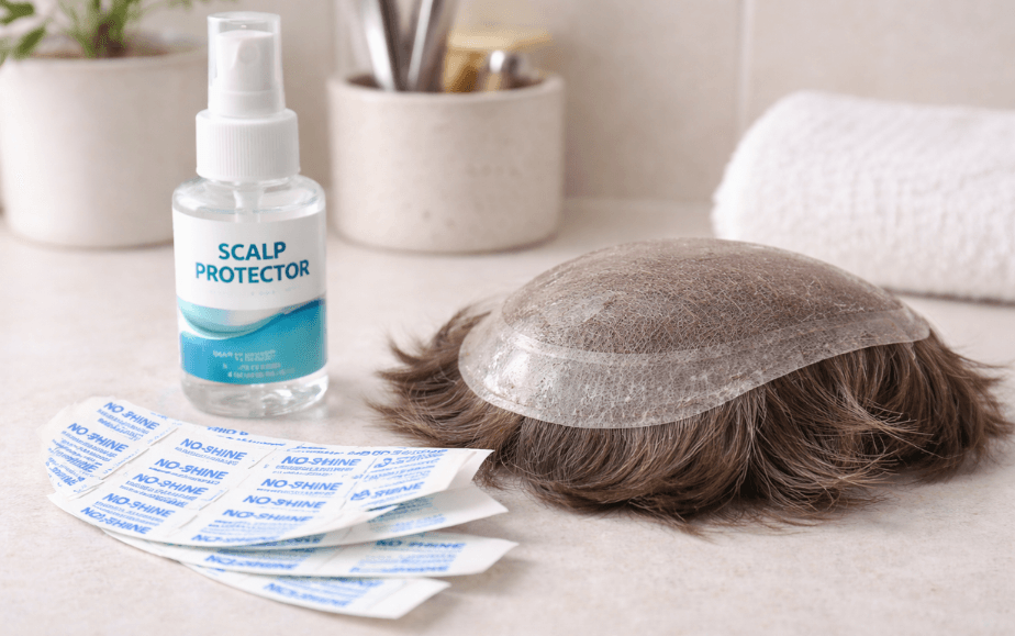 A picture showing Hairpiece, Scalp protector, and hair system tape.