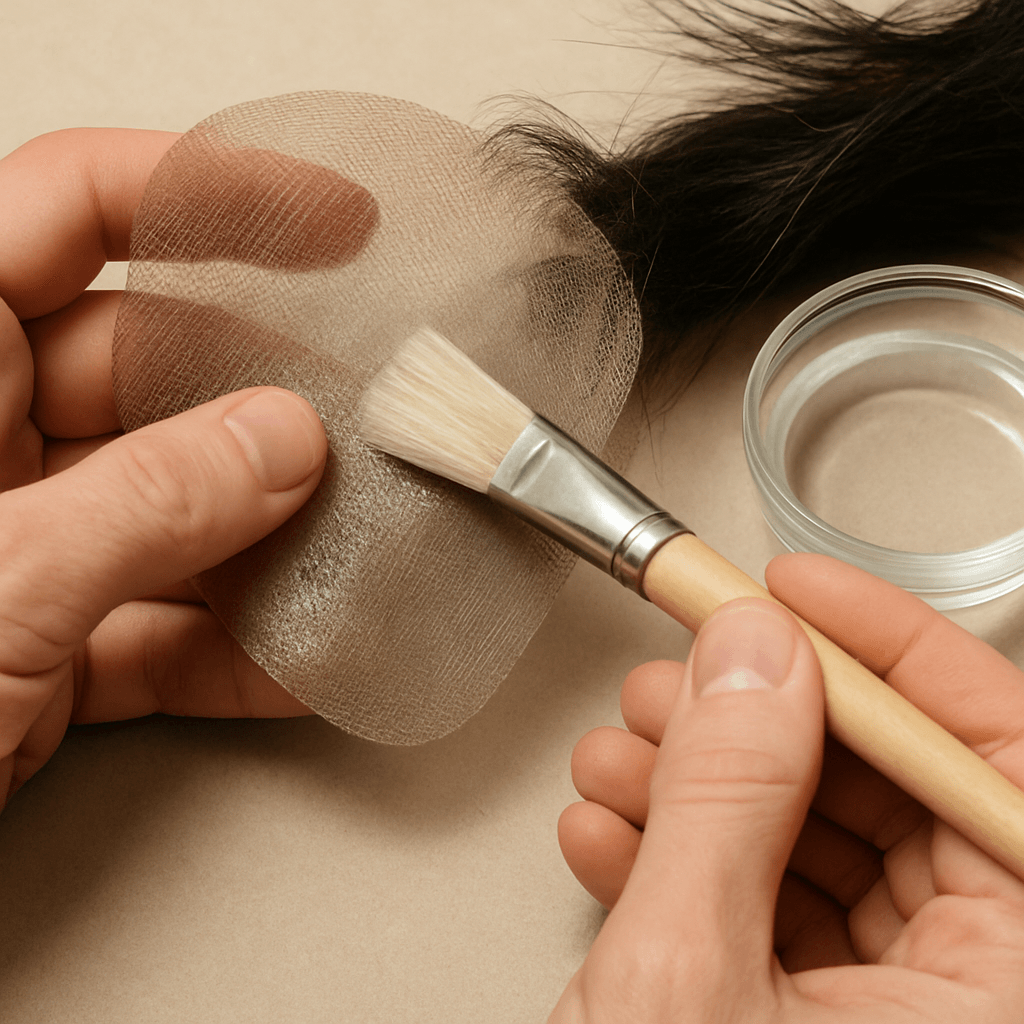A person using a soft brush and specialized solvent to gently clean the underside of a lace base