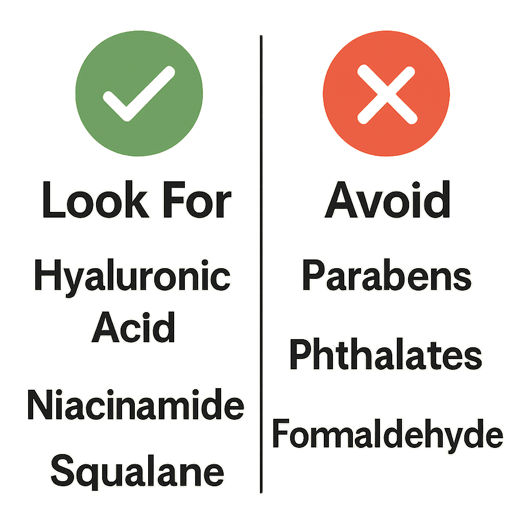 A simplified graphic with two columns. The left column has a green checkmark icon and is titled "Look For." The right column has a red X icon and is titled "Avoid." Each column has 2-3 simple ingredient names listed below it