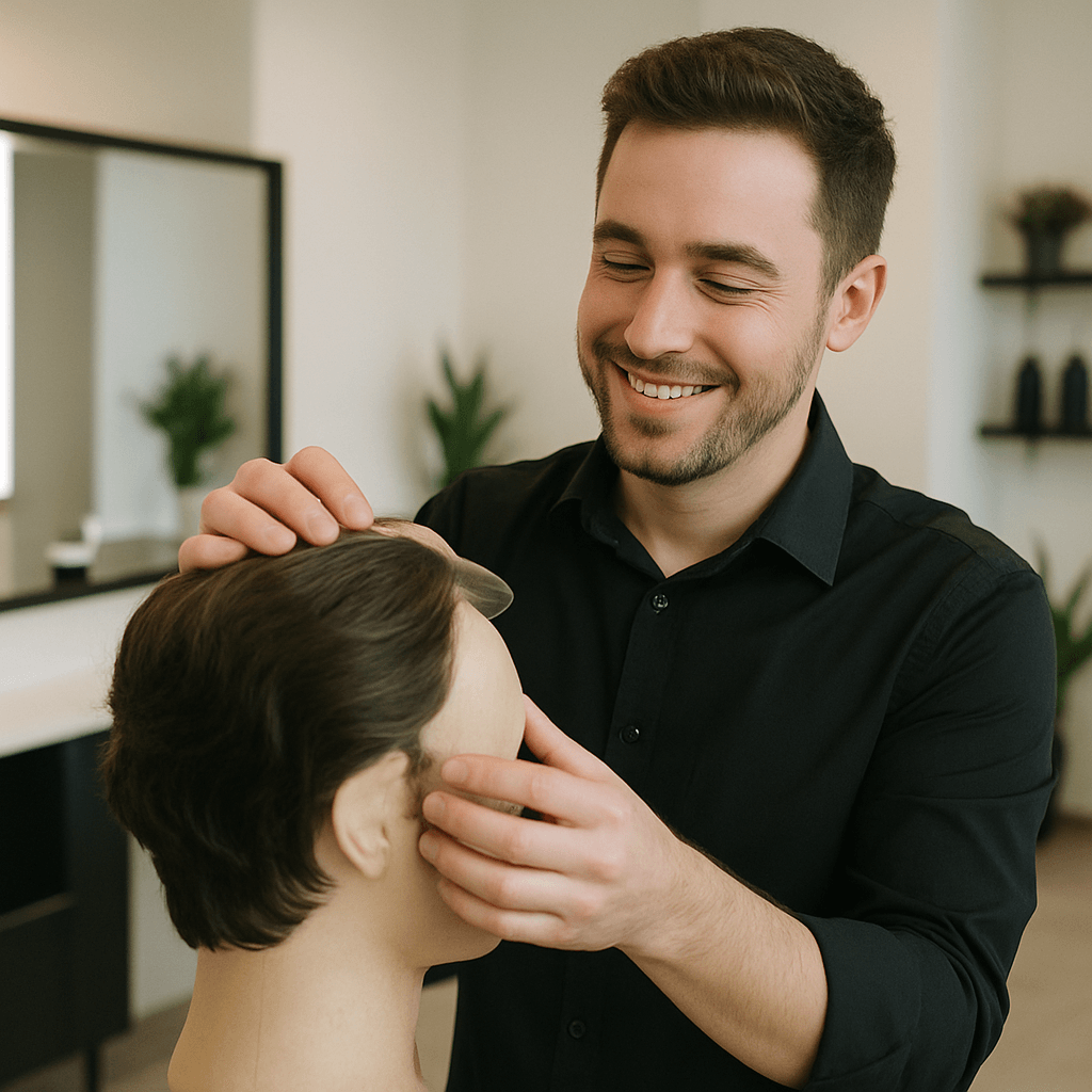 A professional stylist gently handling a hair system toupee on a mannequin head.