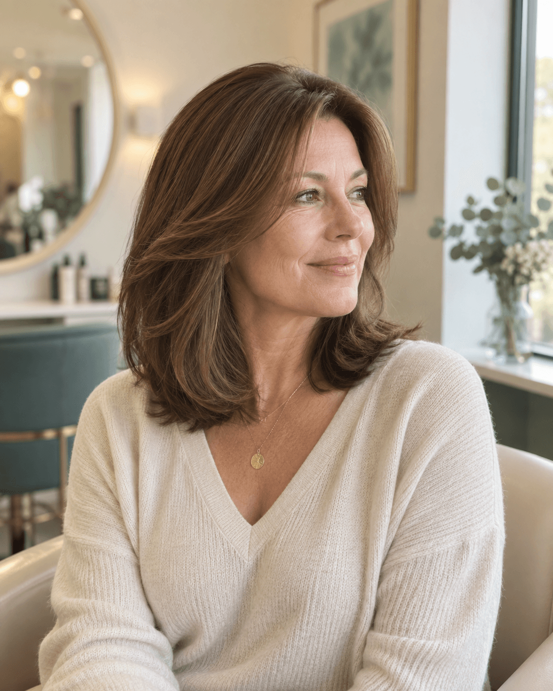 Woman with softly layered chestnut hair by a salon window — AI-generated illustration