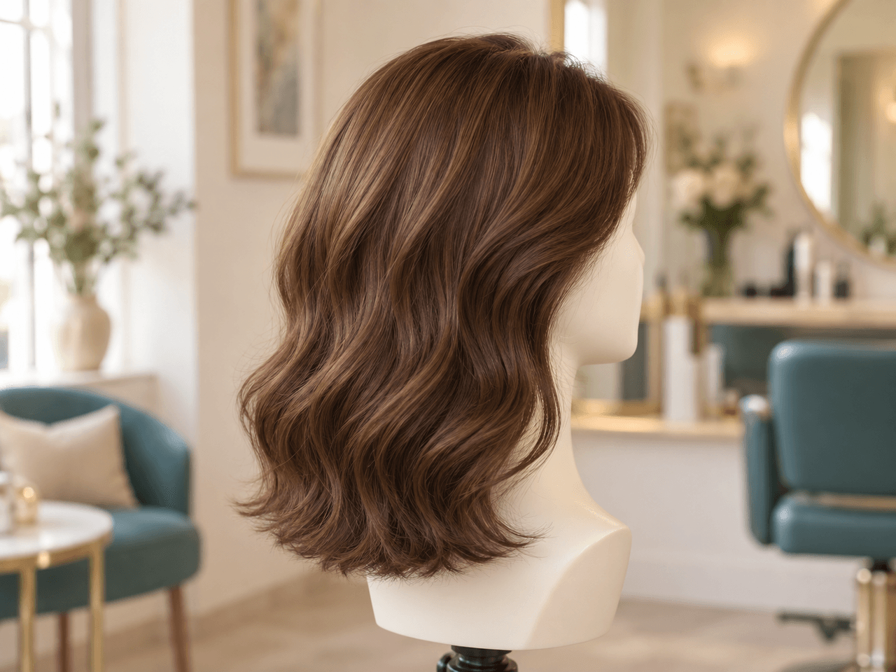 Finished integration hairstyle with smooth chestnut waves on a styling head — AI-generated illustration