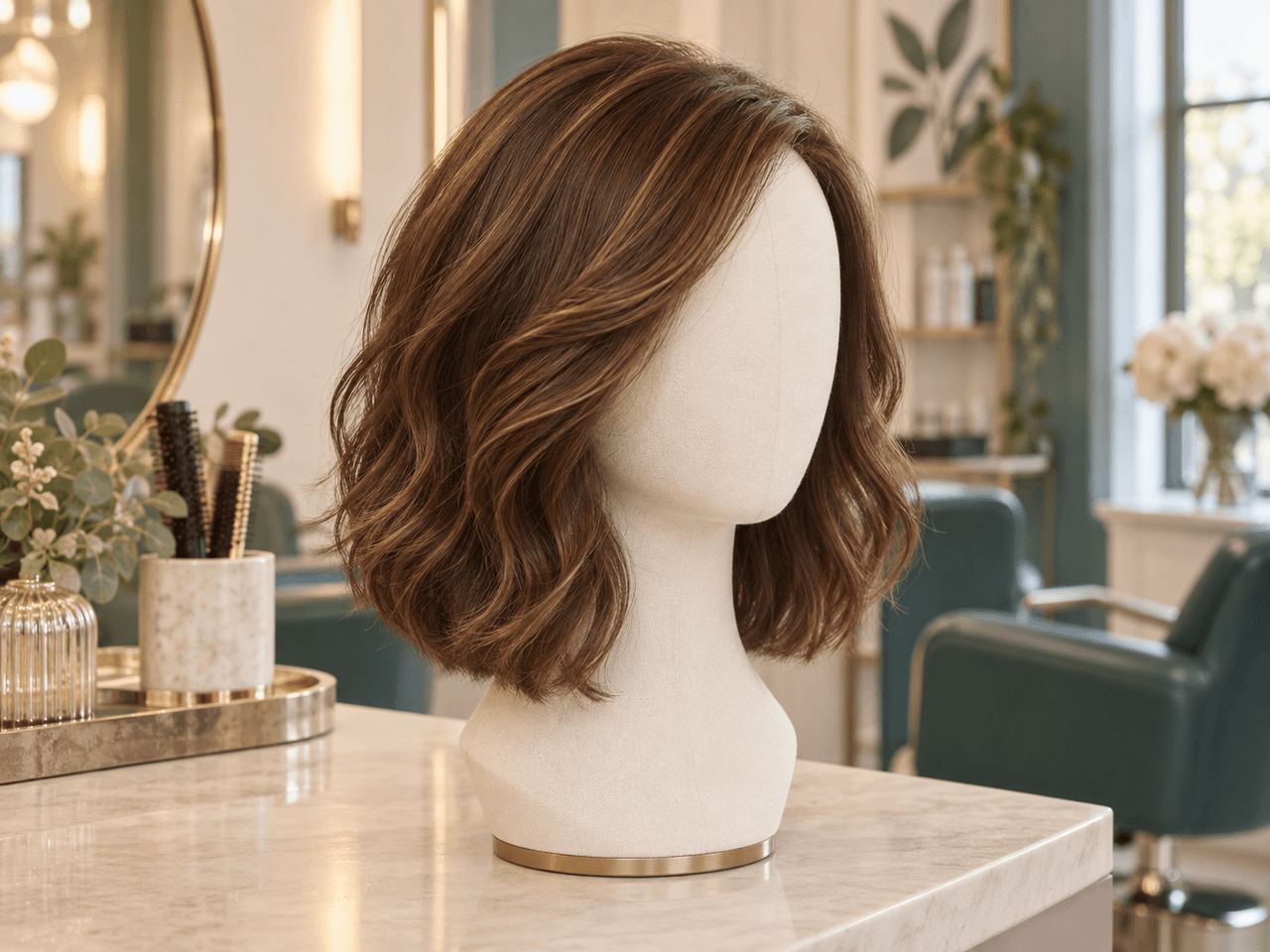 Full women’s hair system styled in soft waves on an ivory mannequin — AI-generated illustration