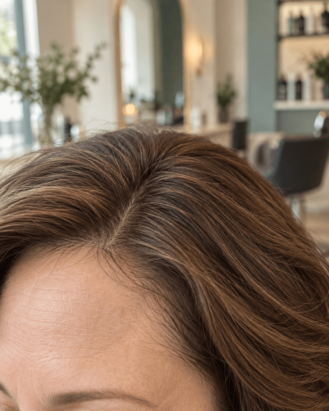 Close-up of a topper blending into hair at the front part line — AI-generated illustration