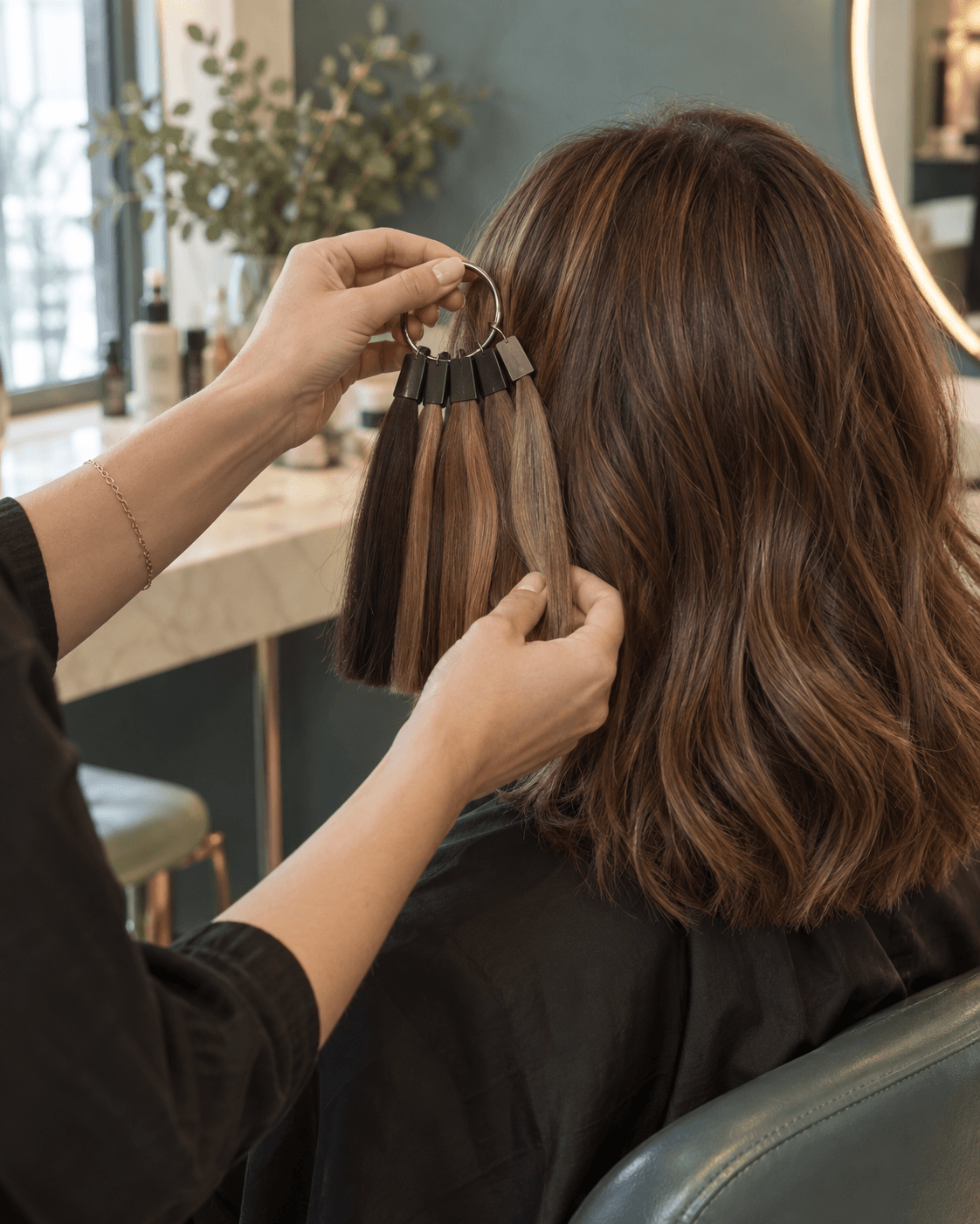 Hands comparing a hair color ring with chestnut hair lengths — AI-generated illustration