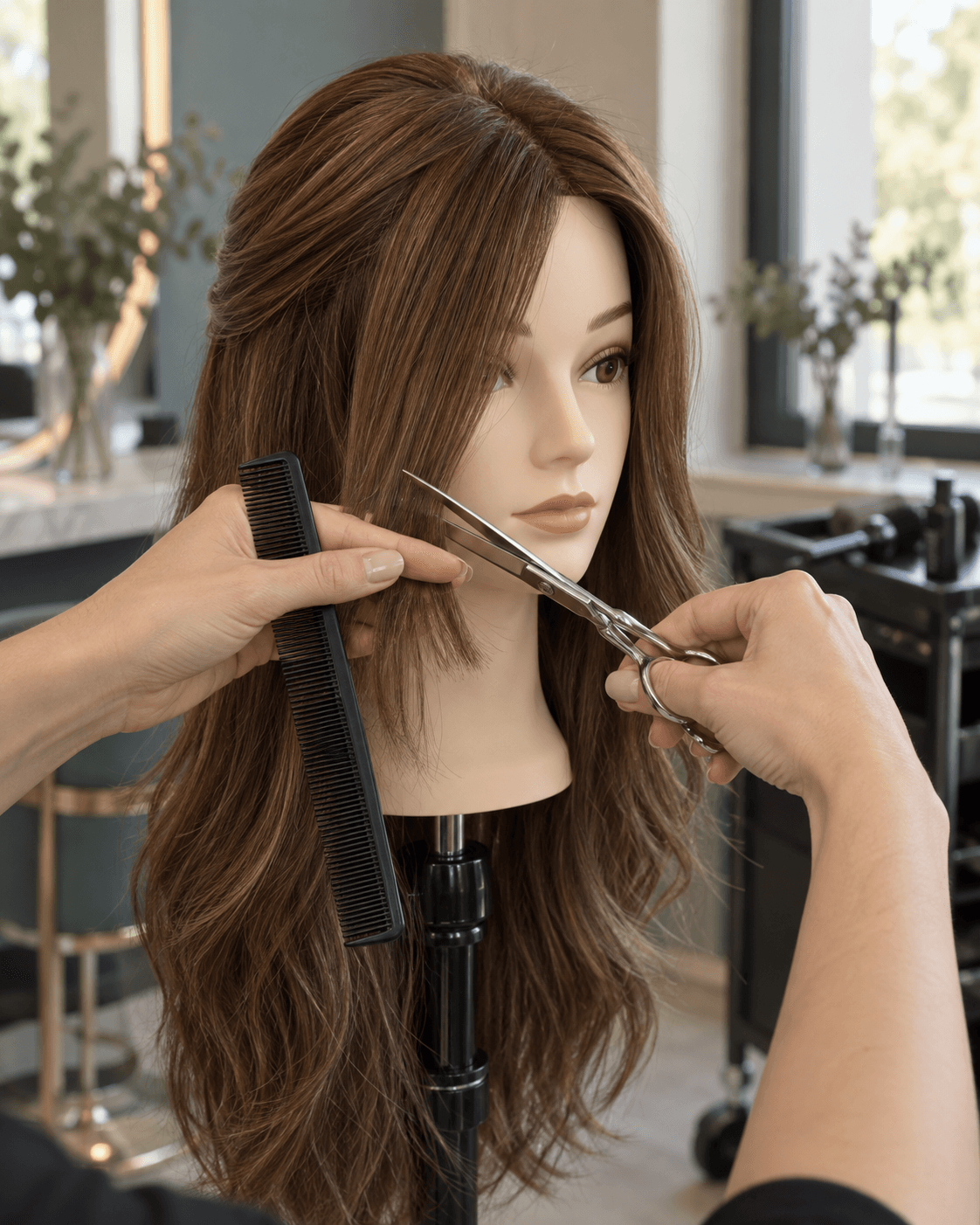 Stylist’s hands trimming hair on a mannequin with scissors and a comb — AI-generated illustration