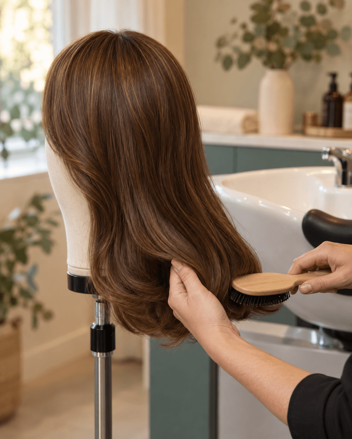 Hands gently brushing a topper on a stand beside a salon basin — AI-generated illustration