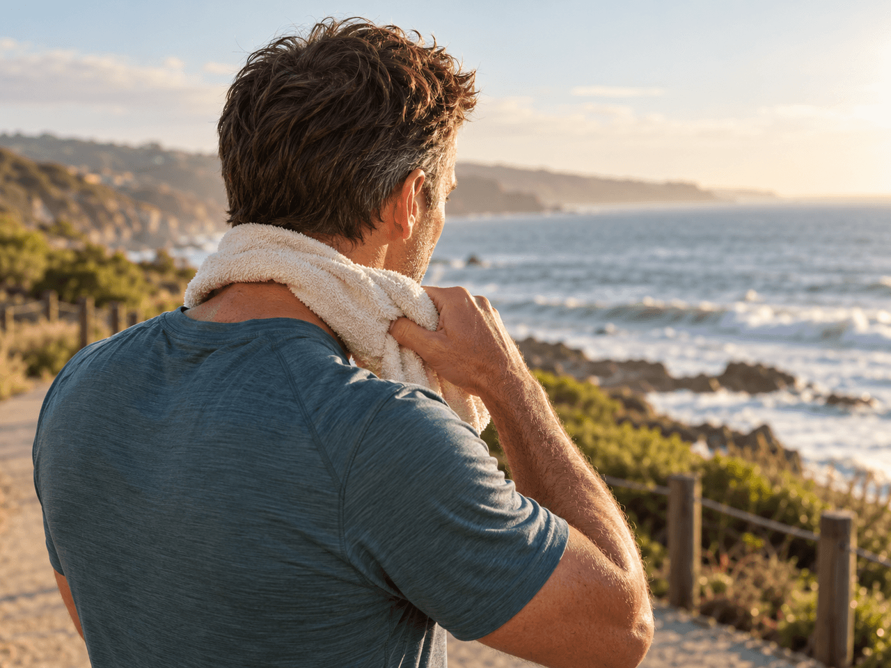 Man toweling off after a run by the coast, where sweat and sun shorten the time between hair system services — AI-generated illustration