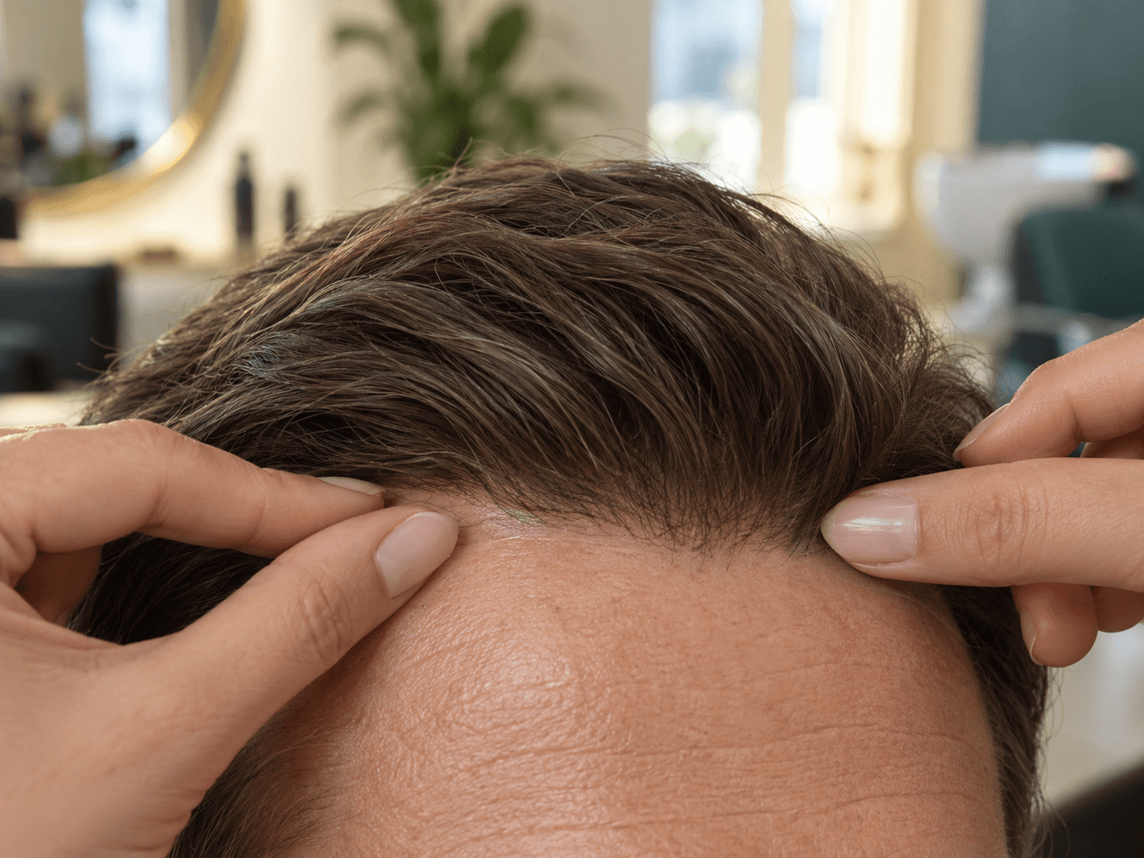 Stylist pressing the front edge of a hair system onto the hairline with tape — AI-generated illustration