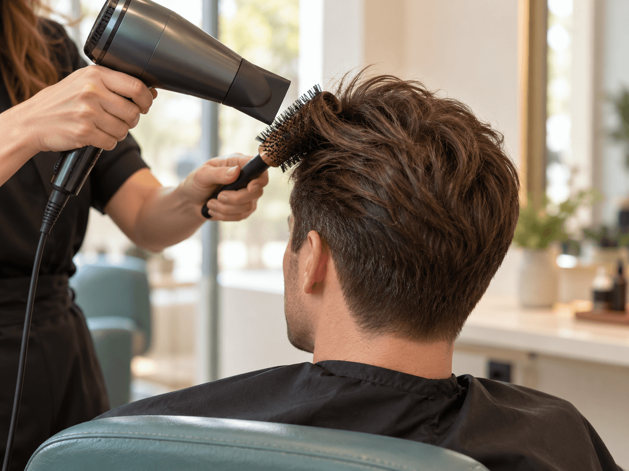 Blow-drying a re-bonded hair system at the end of a maintenance visit — AI-generated illustration