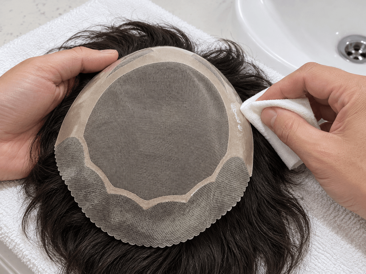 A stylist wiping softened adhesive from a supported hair-system perimeter — AI-generated illustration