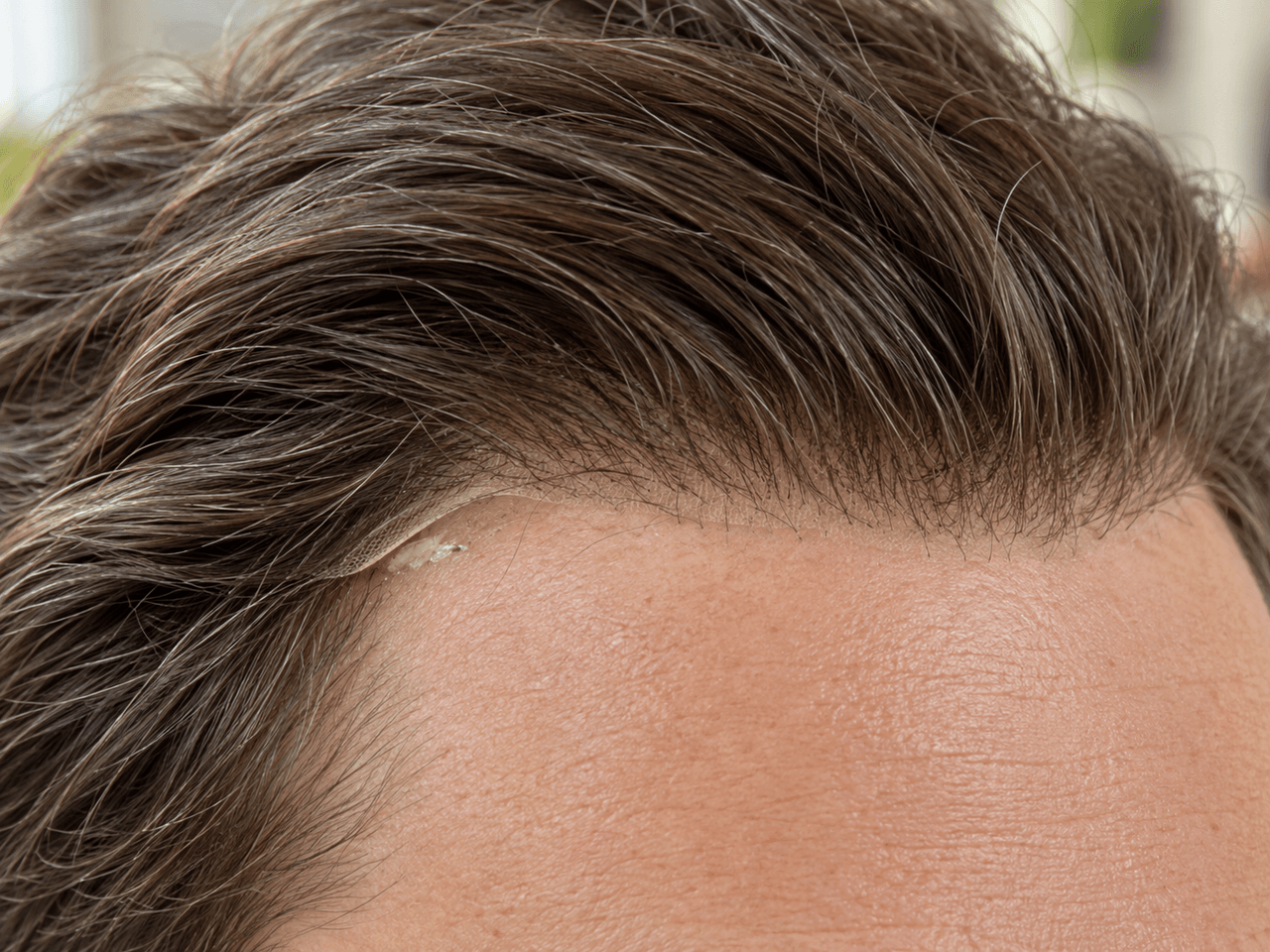 The front edge of a hair system starting to lift at the hairline, a sign it is due for maintenance — AI-generated illustration