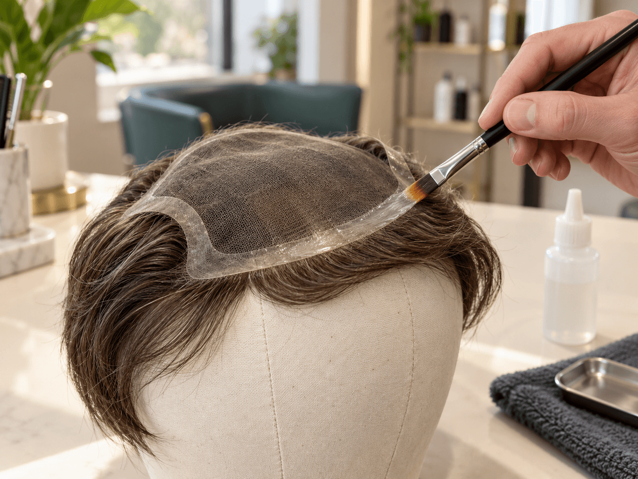 A brush applying liquid adhesive along the front edge of a hair system — AI-generated illustration