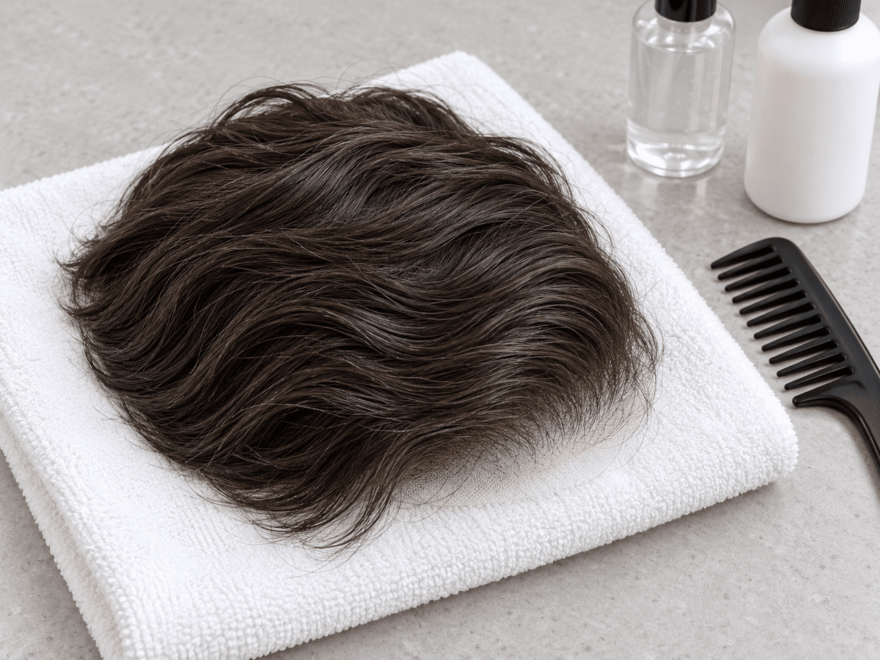 A clean hair system resting on a towel beside a comb and care bottles — AI-generated illustration