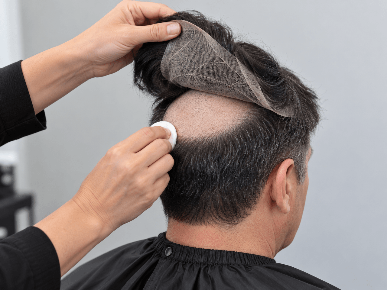 A stylist gently lifting a hair system from the back of the scalp during removal — AI-generated illustration