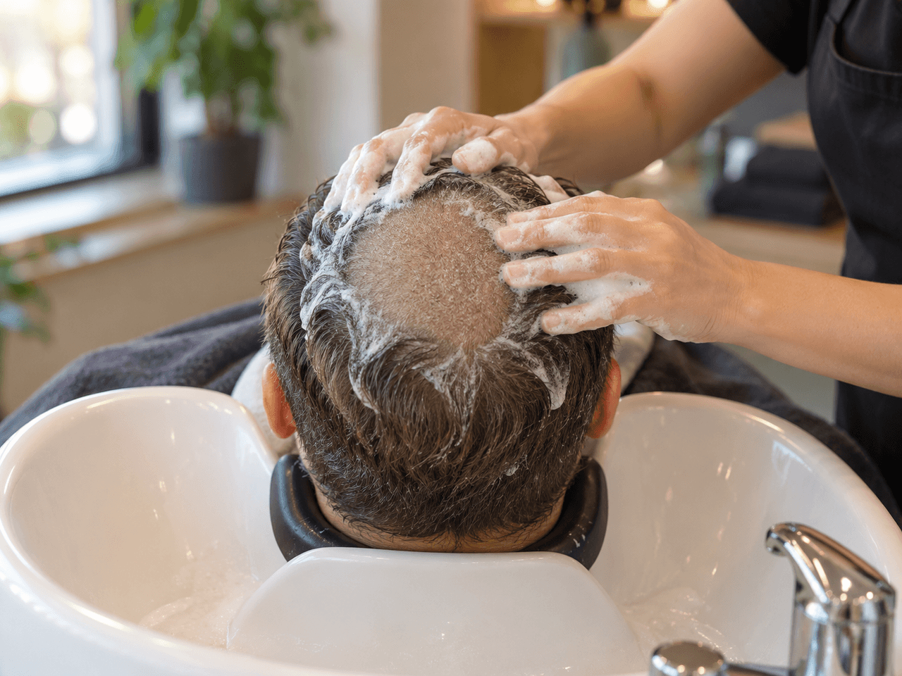 Stylist shampooing a client’s scalp at the salon basin before a hair system is bonded — AI-generated illustration