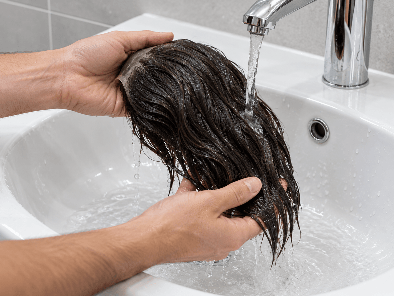 Hands supporting and gently rinsing a hair system over a bathroom sink — AI-generated illustration