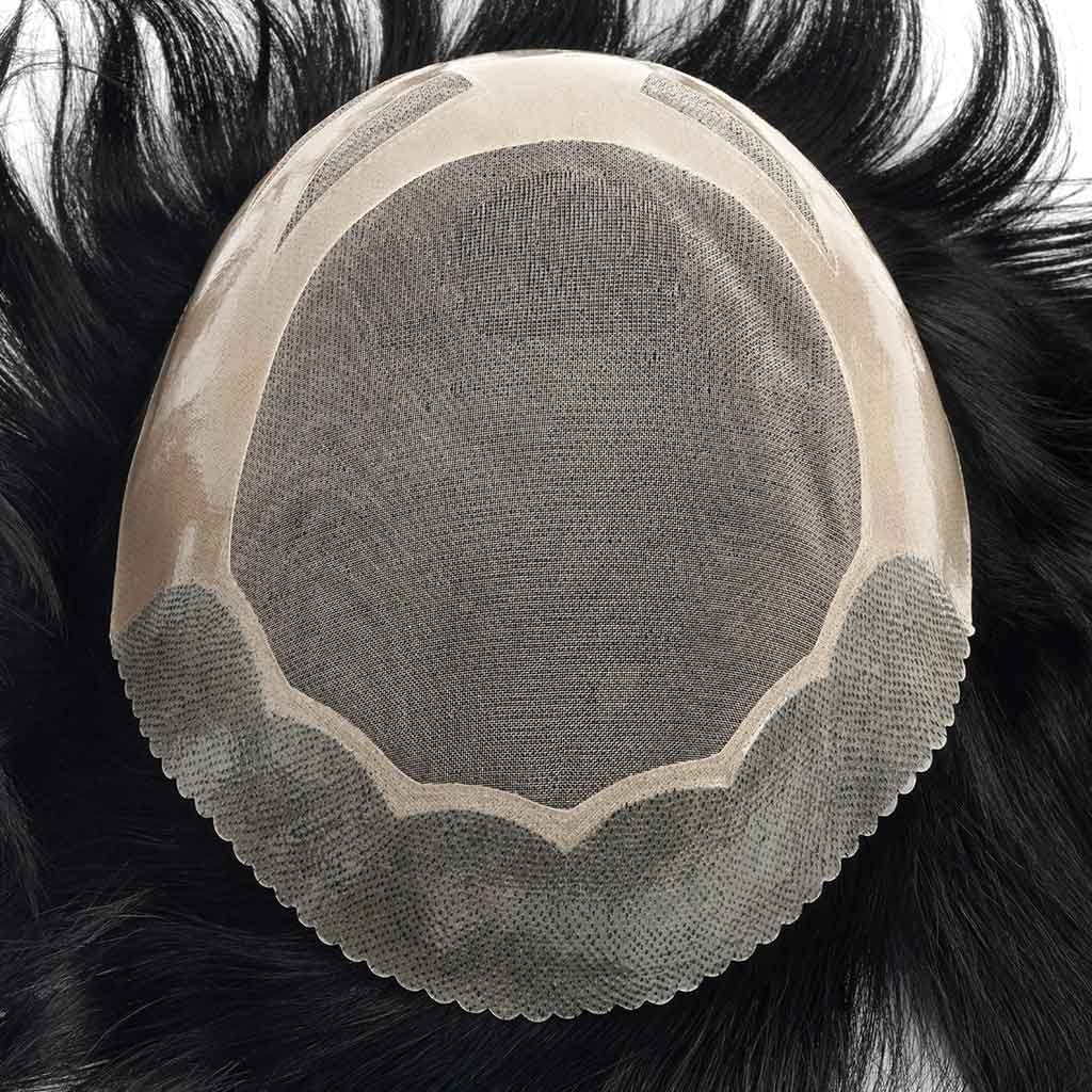 Fine monofilament center and reinforced perimeter on an HSS hair system