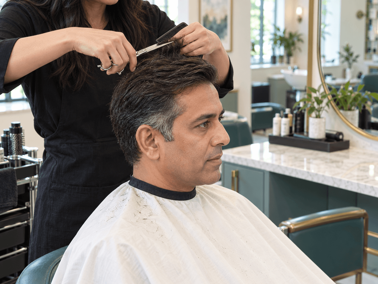 Stylist fitting and cutting a hair system for a client in the salon chair — AI-generated illustration