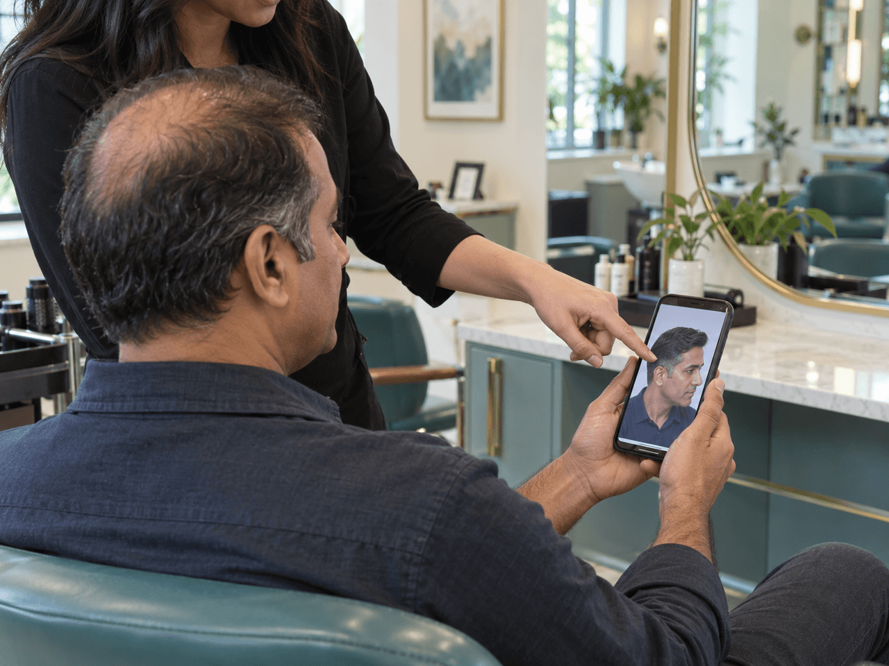 Client showing a hairstyle reference on his phone during a salon consultation — AI-generated illustration