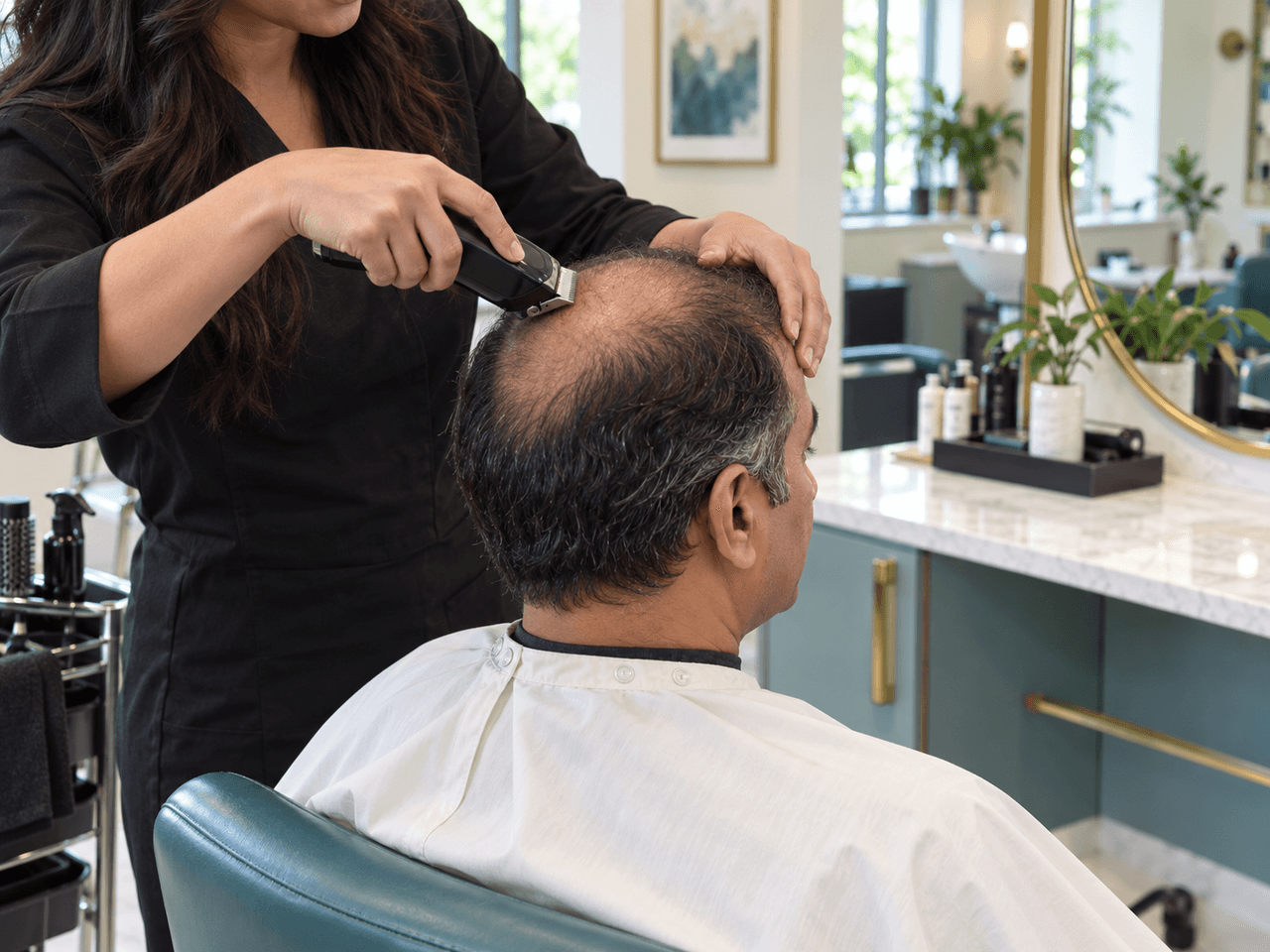 Stylist preparing the client’s scalp with clippers before hair system installation — AI-generated illustration