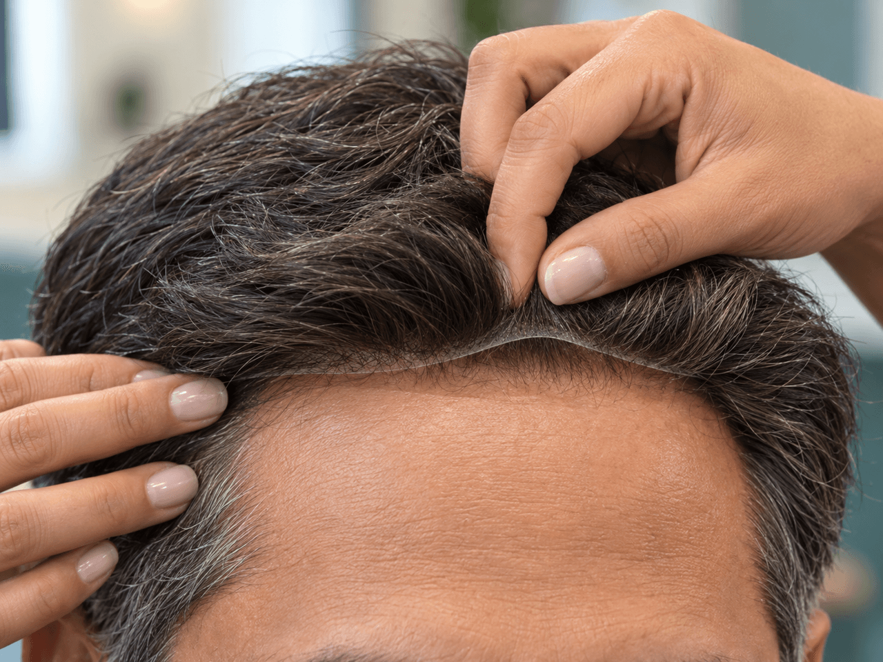 Stylist lowering a fine hair-system front edge onto the prepared hairline — AI-generated illustration