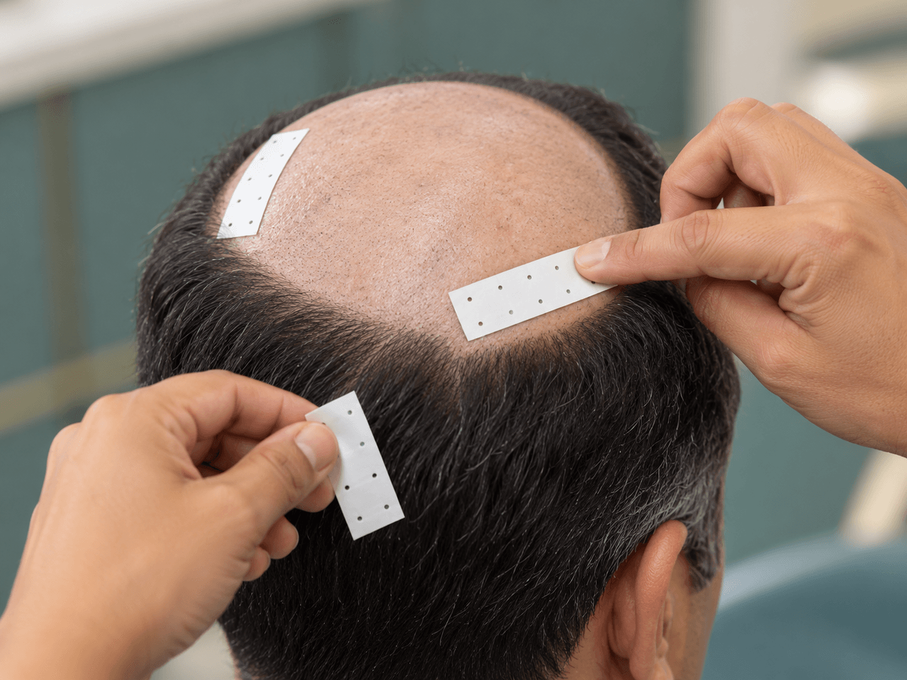 White-backed adhesive tape positioned on the clean scalp inside the hair-system boundary — AI-generated illustration