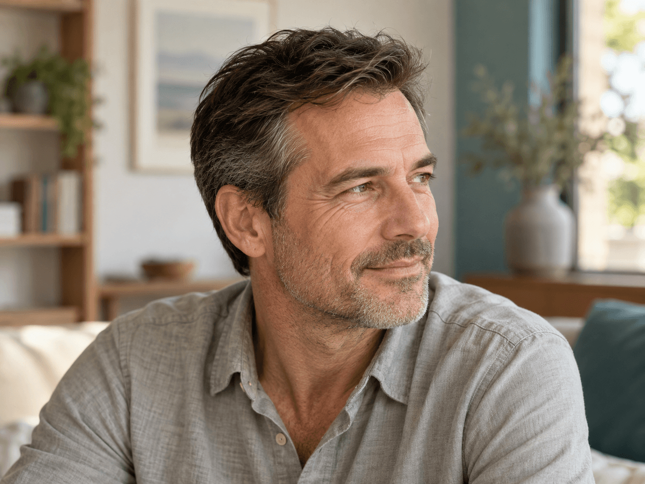 A man in his 50s with a natural, well-cut hairstyle — AI-generated illustration