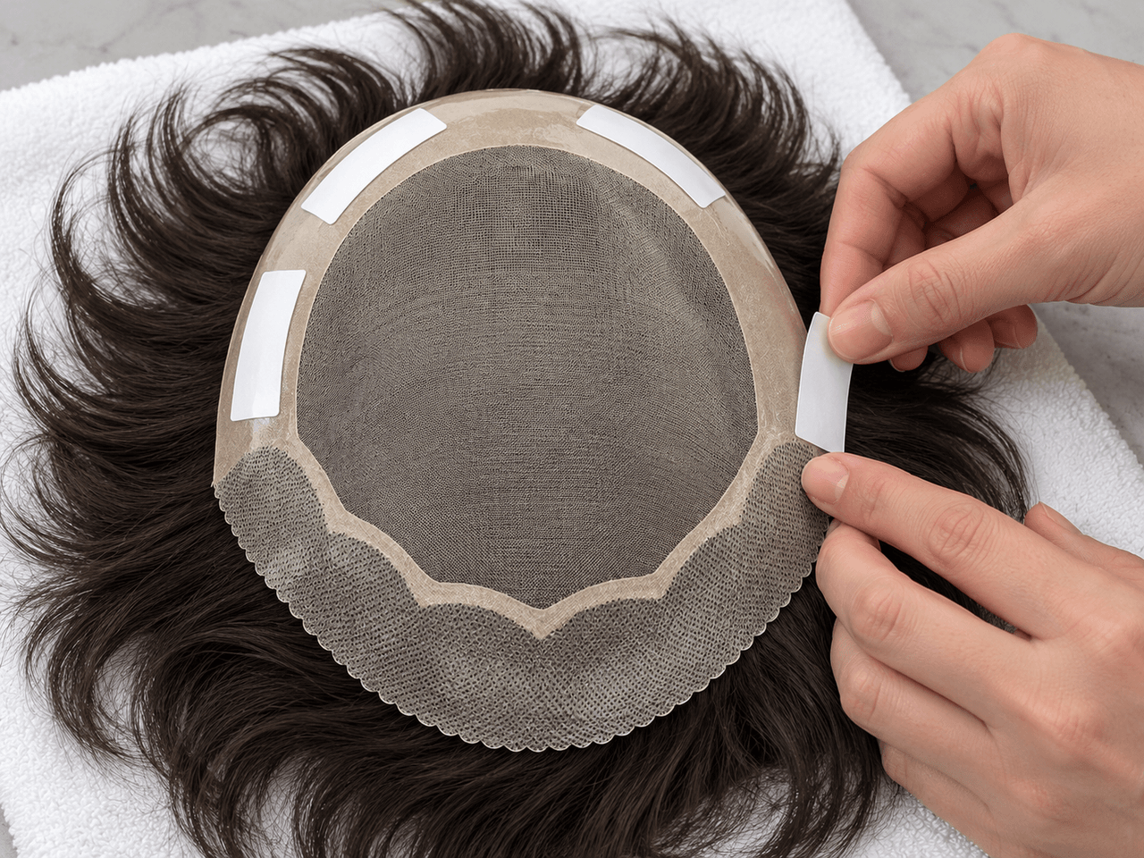 Hands fitting tape strips along the perimeter of a hair system supported on a towel — AI-generated illustration