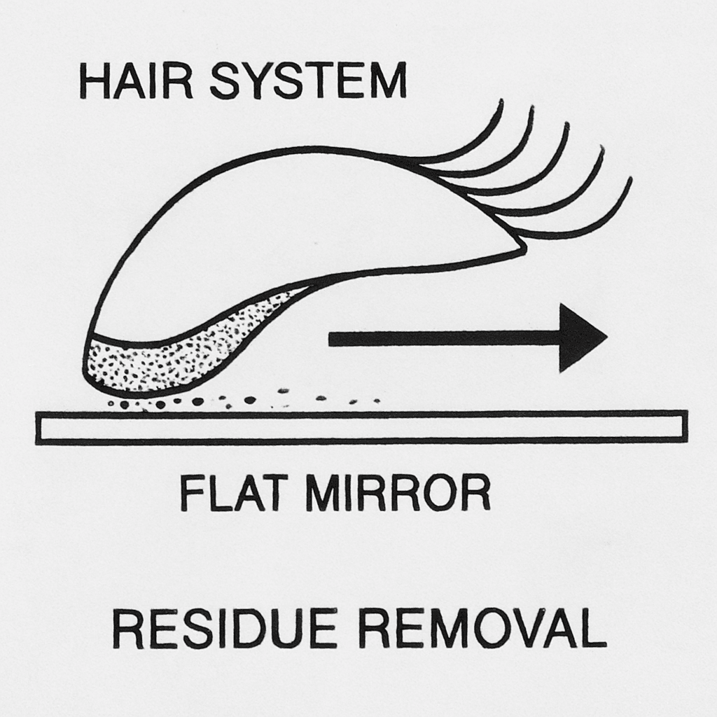 A diagram of a hair system being slid across a flat mirror surface to demonstrate residue removal.