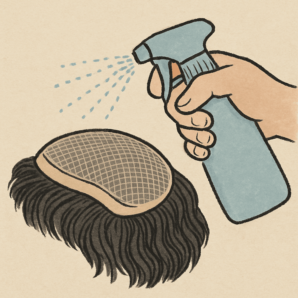 An illustration showing a spray bottle misting through the top of a lace hairpiece to reach the adhesive underneath.