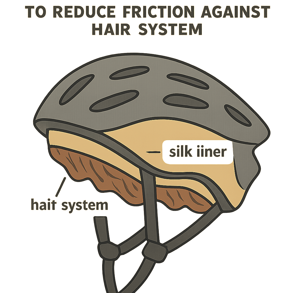 A graphic showing a helmet with a silk liner inserted to reduce friction against the hair system.