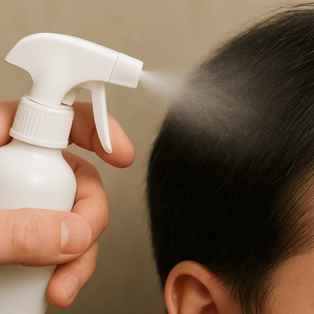 A simple close-up of a spray bottle applying a fine mist to hair fibers, emphasizing even coverage.